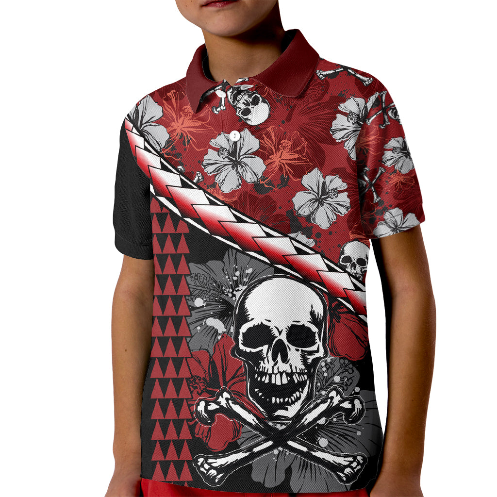 Hawaii Halloween Kid Polo Shirt Hibiscus Skull Kakau Pattern - Wonder Print Shop