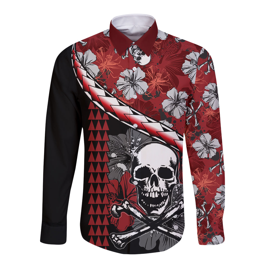Unisex long-sleeve button shirt, red/black with skull, flowers, and lightning print