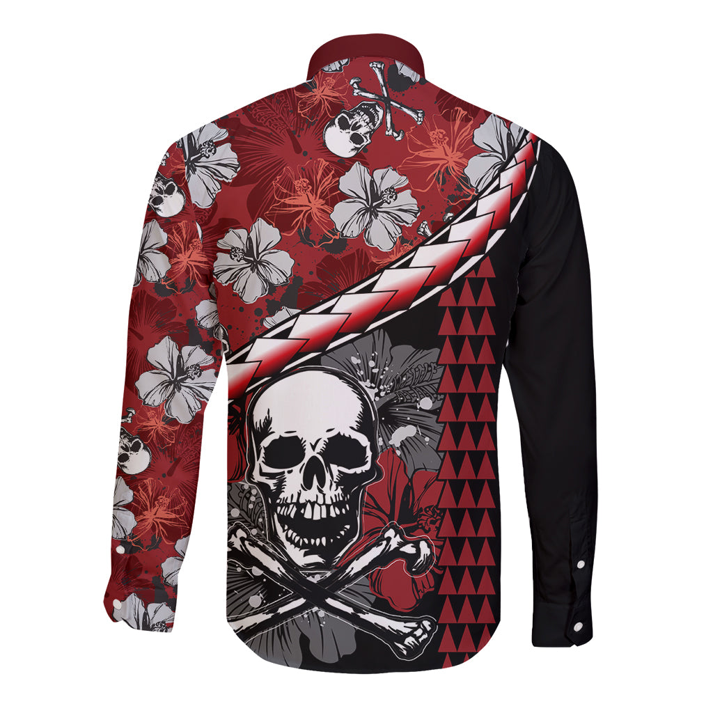 Unisex long-sleeve button shirt back, red/black with skull floral and lightning graphics