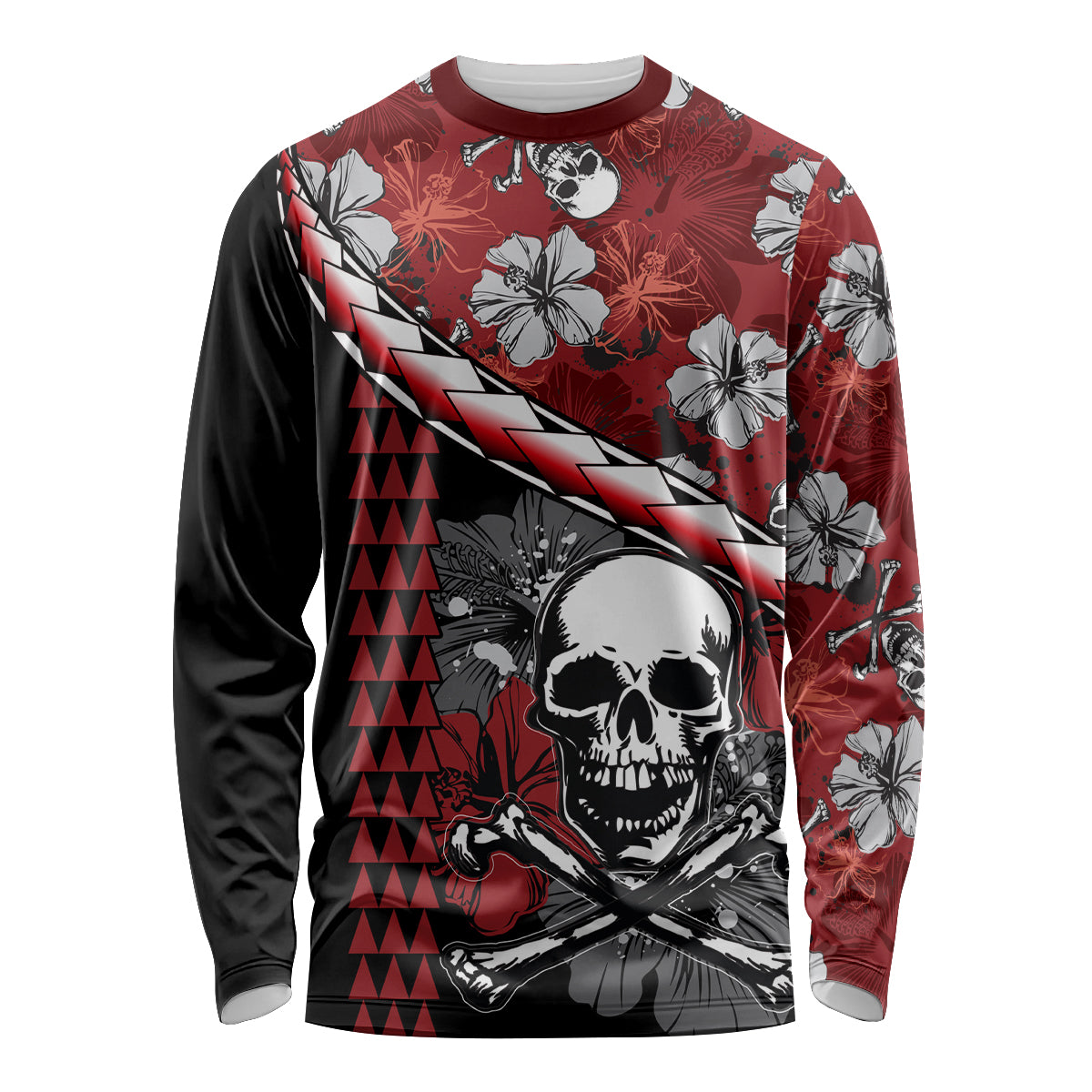 Unisex red long sleeve Halloween shirt with hibiscus flowers, skull and lightning graphic