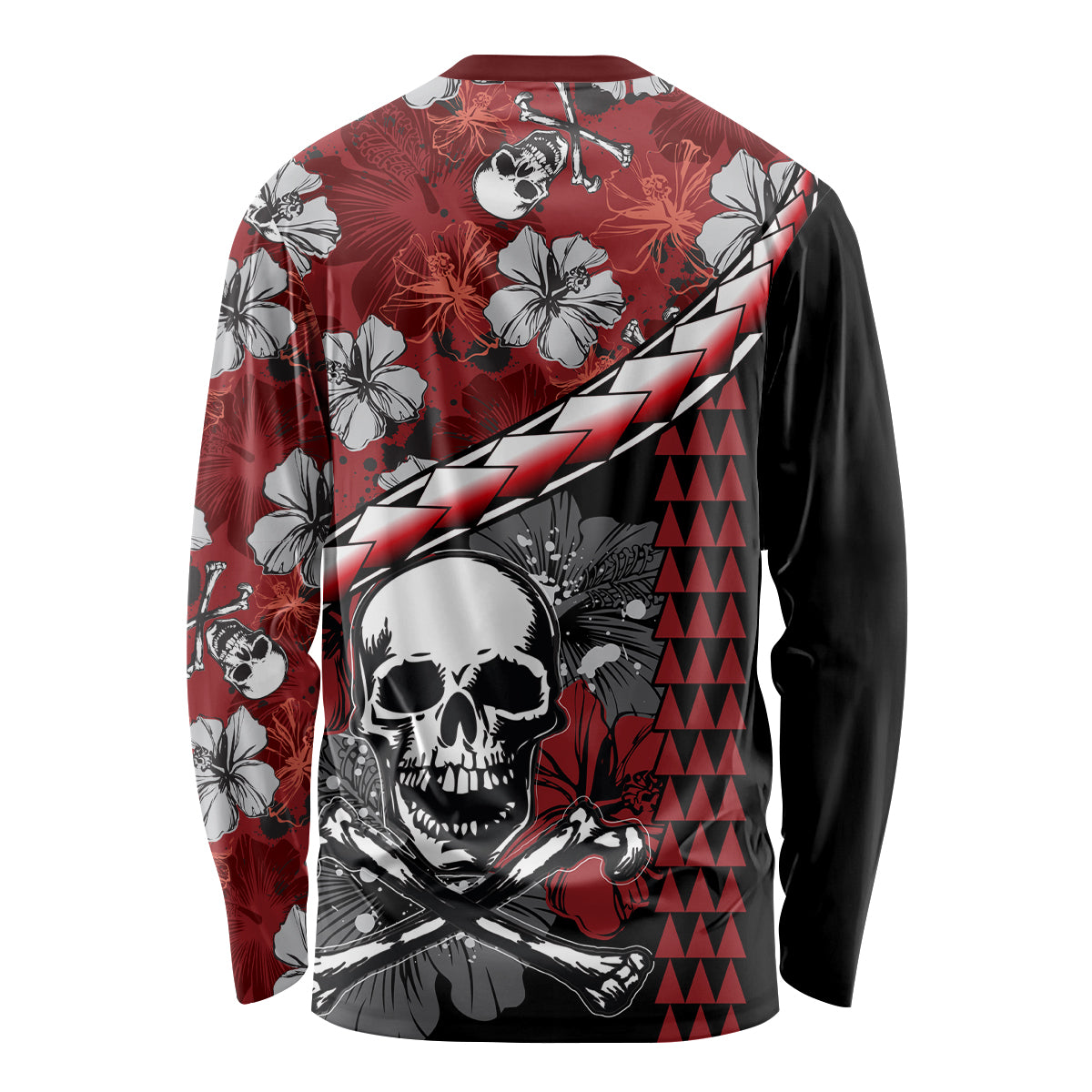 Unisex red long sleeve Halloween shirt with hibiscus skull, sword and lightning stripe
