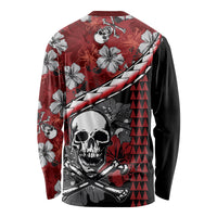 Unisex red long sleeve Halloween shirt with hibiscus skull, sword and lightning stripe