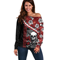 Women’s off-shoulder sweater in red and black with hibiscus floral and skull design