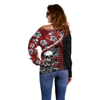 Women’s off-shoulder long-sleeve sweater, red and black floral skull back graphic