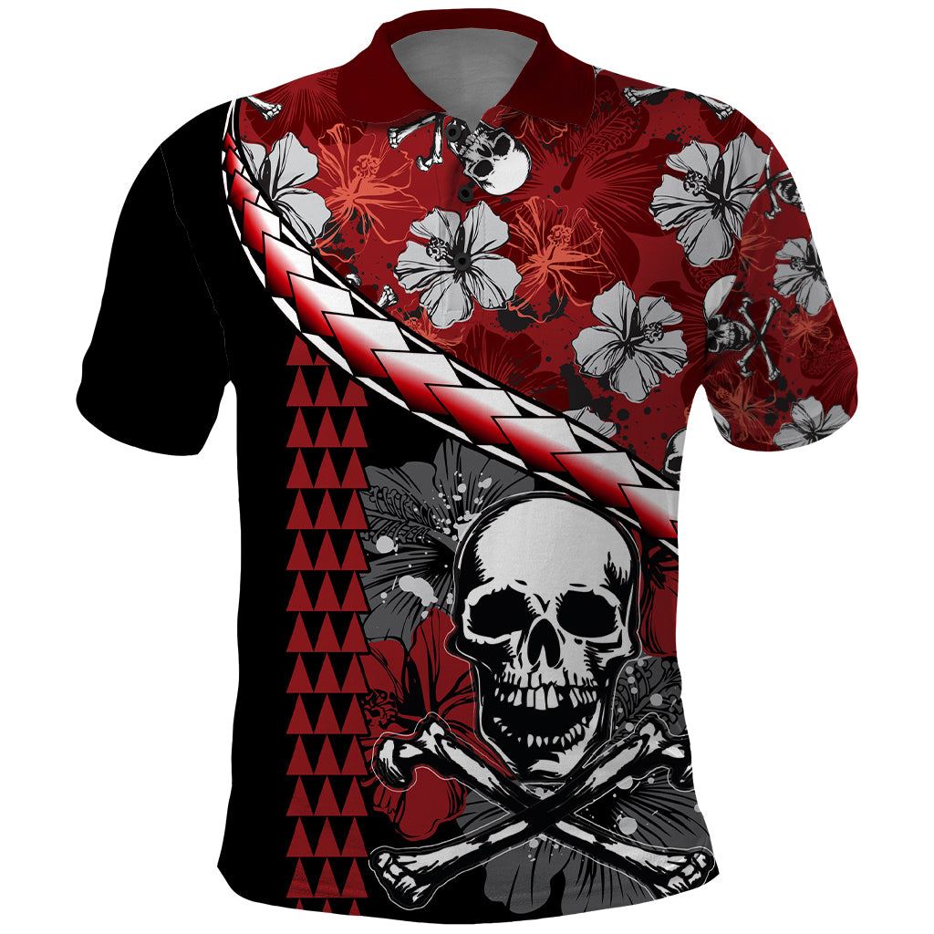 Hawaii Halloween Polo Shirt Hibiscus Skull Kakau Pattern - Wonder Print Shop