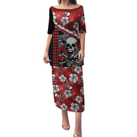 Red long dress with skull, hibiscus and triangle print; black sleeves and scoop neck