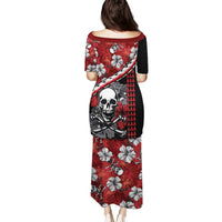 Red long dress, skull and hibiscus print with black back yoke and triangle accents