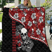 Red and black Halloween quilt with skull, hibiscus flowers, triangle pattern, quilted backing