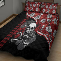 Red and black quilt bed set with skull guitarist, hibiscus print, and two matching pillows