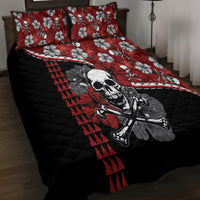 Red and black quilt bed set with large skull guitarist graphic, hibiscus pattern, pillows