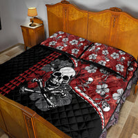 Red and black quilt bed set with quilted black base, skull guitarist center, hibiscus