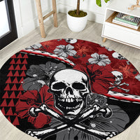 Round Halloween area rug in red/black with skull, hibiscus flowers, and triangle pattern