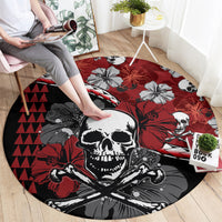 Round Halloween area rug with central skull graphic, hibiscus blooms, and red geometric accents