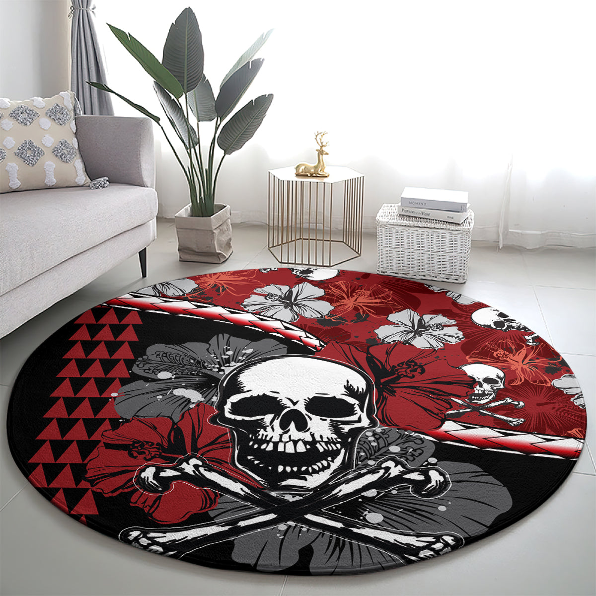 Round Halloween area rug in red and black with skull, hibiscus flowers, and cross-hatched shading