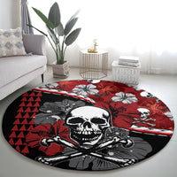 Round Halloween area rug in red and black with skull, hibiscus flowers, and cross-hatched shading