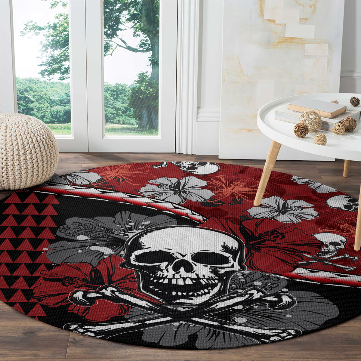 Round Halloween area rug with red hibiscus and black skull illustration in a circular layout