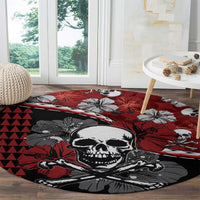 Round Halloween area rug with red hibiscus and black skull illustration in a circular layout