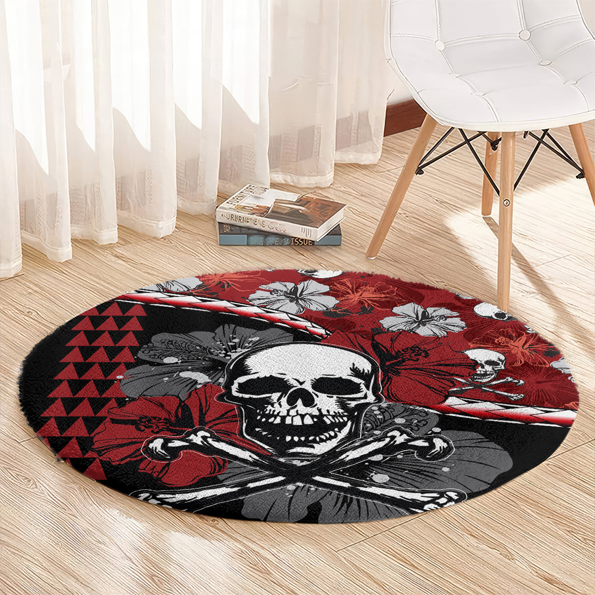 Round Halloween area rug with skull and hibiscus pattern, red and black circular design