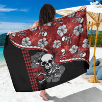 Red and black hibiscus skull sarong with geometric panel and bold border print