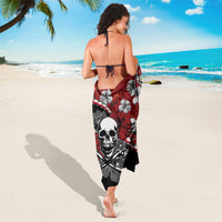 Red hibiscus skull sarong wrap with black lower panel and side tie