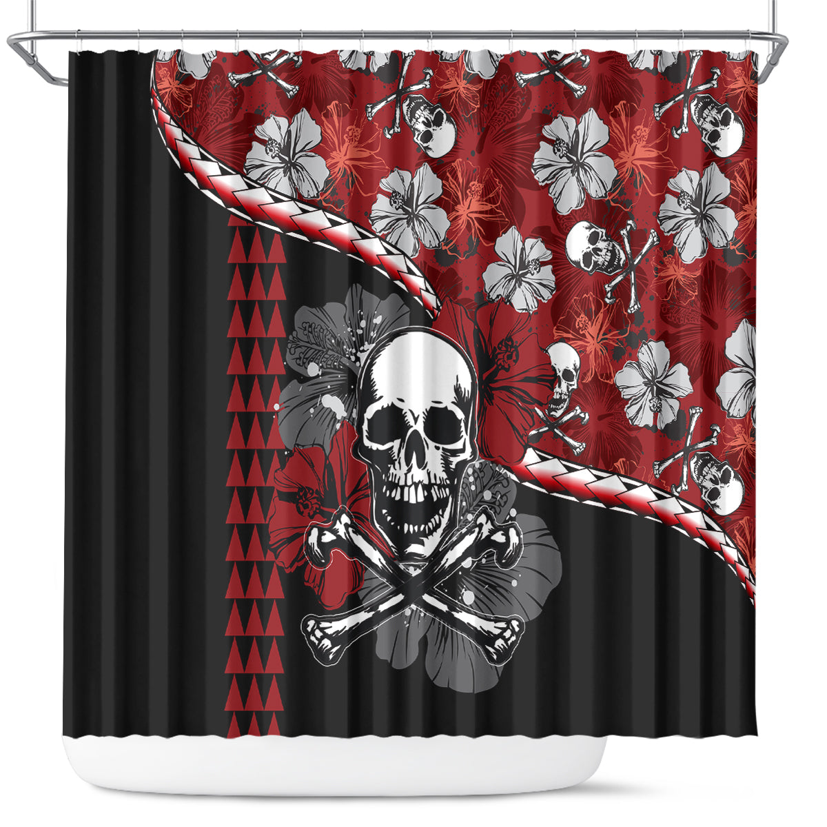 Red shower curtain with black hibiscus flowers and white skull-and-crossbones pirate graphic