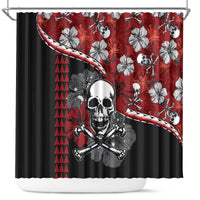 Red shower curtain with black hibiscus flowers and white skull-and-crossbones pirate graphic