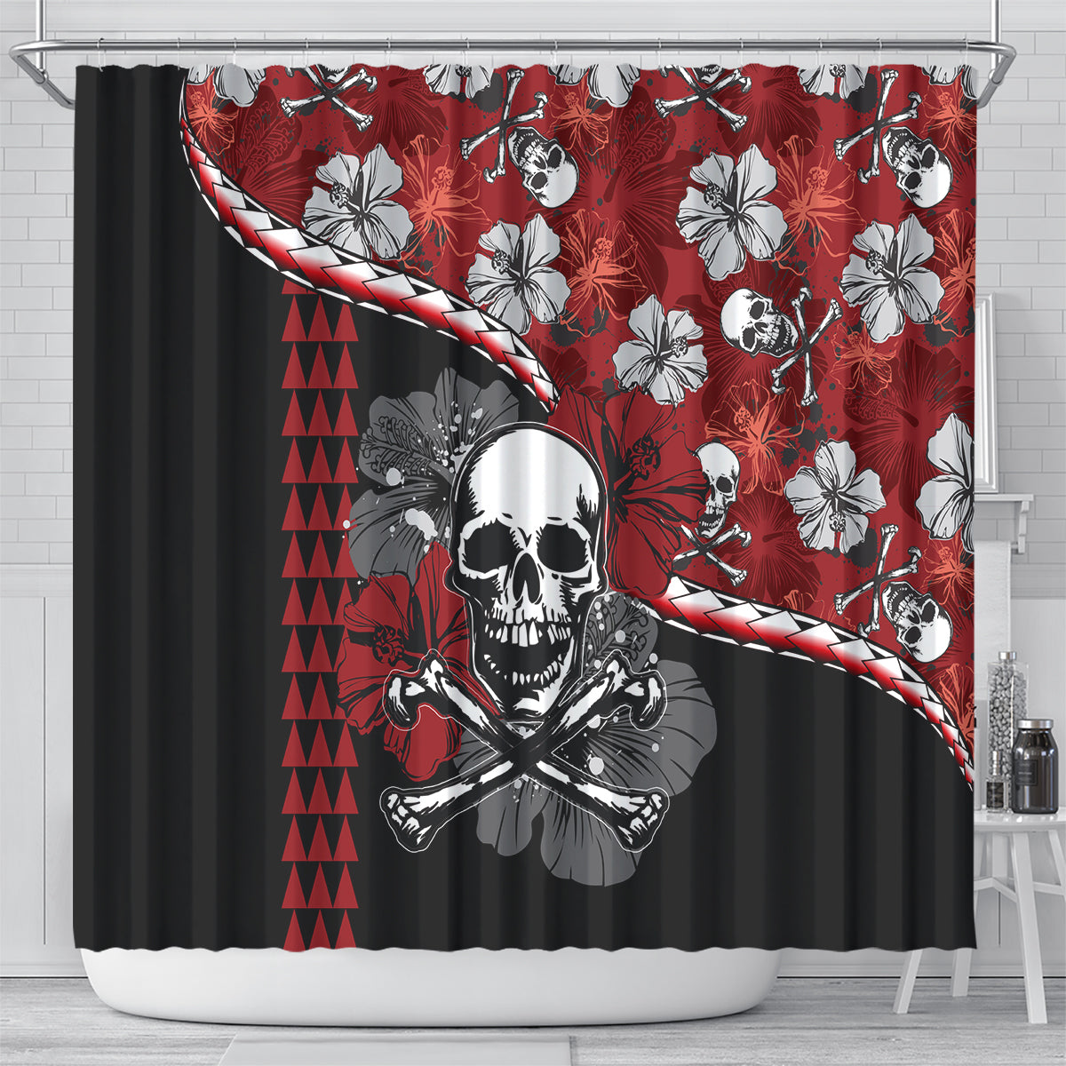Red shower curtain featuring white hibiscus flowers, skull face, and crossbones pattern