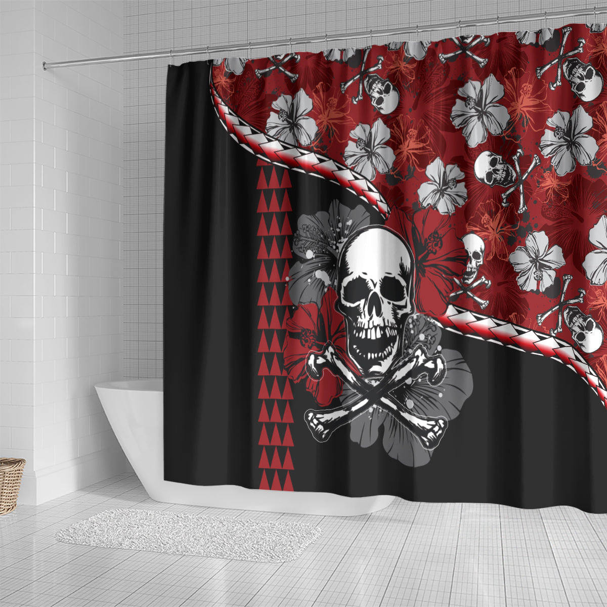 Red shower curtain with white hibiscus blooms and large skull graphic, corner drape view