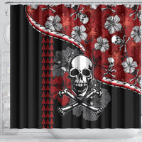 Red shower curtain with white hibiscus flowers and central skull-and-crossbones illustration