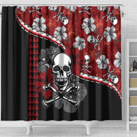 Red shower curtain with black side panels and white hibiscus skull pattern, front view