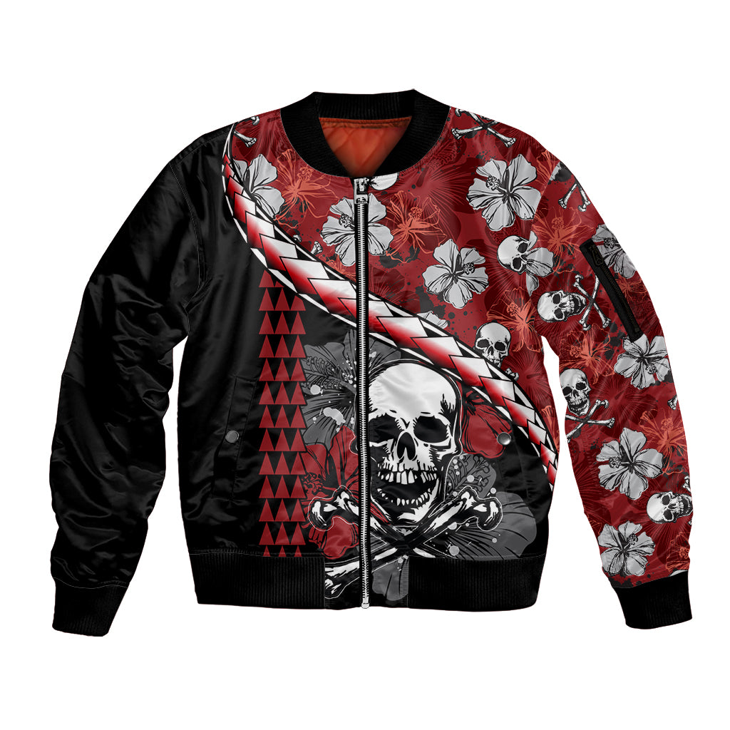 Unisex red black bomber jacket with skull, hibiscus flowers, and lightning stripe front zip