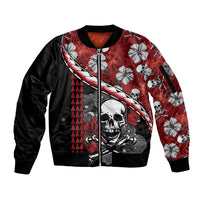 Unisex red black bomber jacket with skull, hibiscus flowers, and lightning stripe front zip