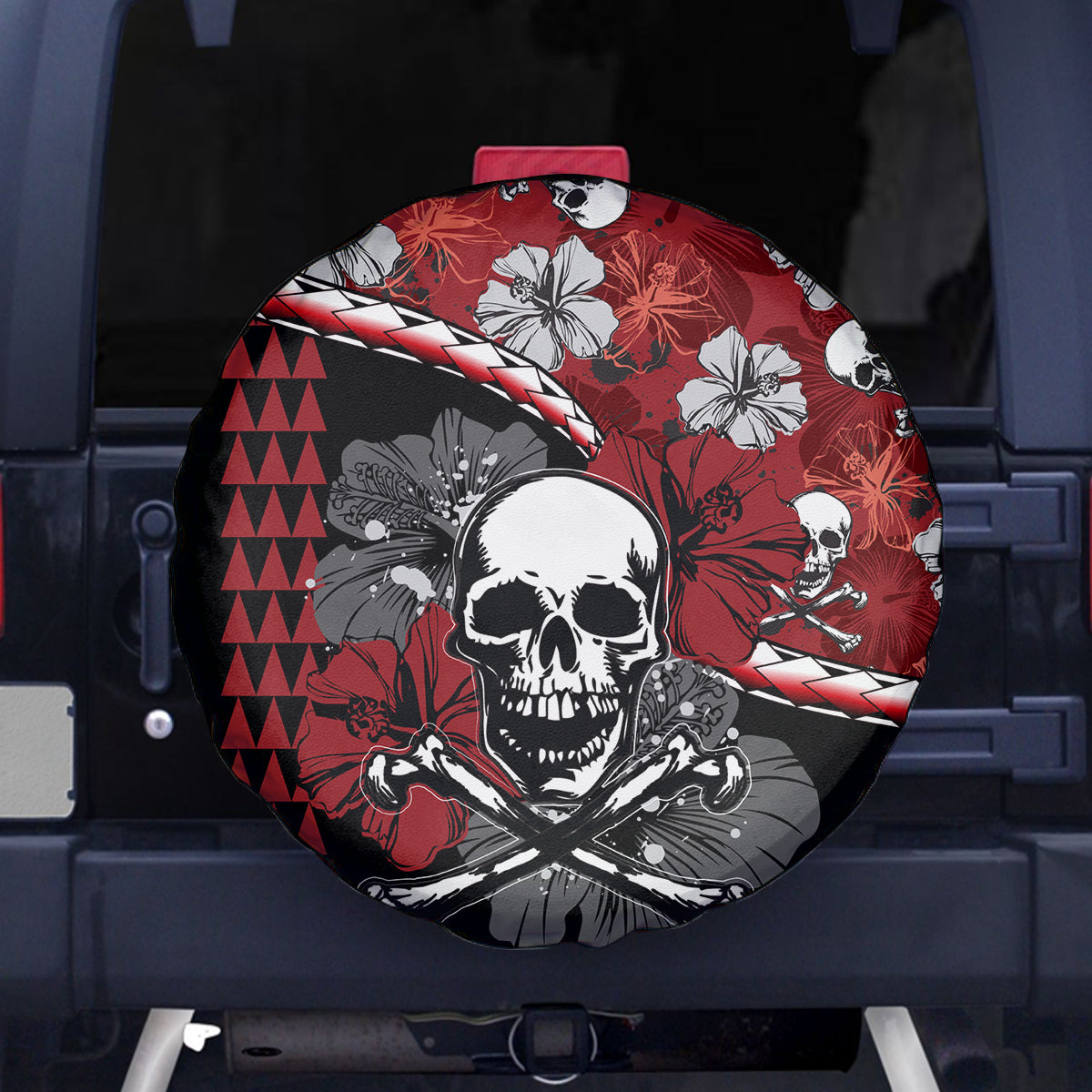 Hawaii Halloween Spare Tire Cover Hibiscus Skull Kakau Pattern - Wonder Print Shop