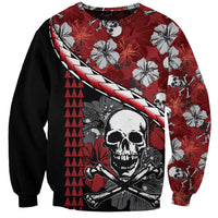 Red Halloween sweatshirt with skull graphic, hibiscus flowers, zigzag lightning design