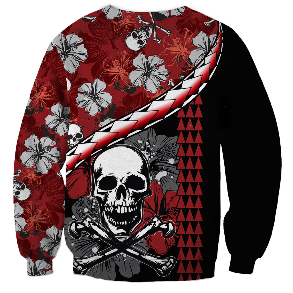 Red crewneck sweatshirt with large skull face, hibiscus pattern, diagonal lightning stripe
