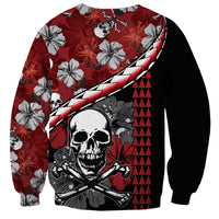 Red crewneck sweatshirt with large skull face, hibiscus pattern, diagonal lightning stripe