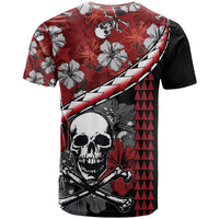 Red/black Halloween T-shirt with hibiscus flowers and large skull graphic