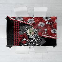 Red and black hibiscus skull Halloween tablecloth with floral and skeleton graphics