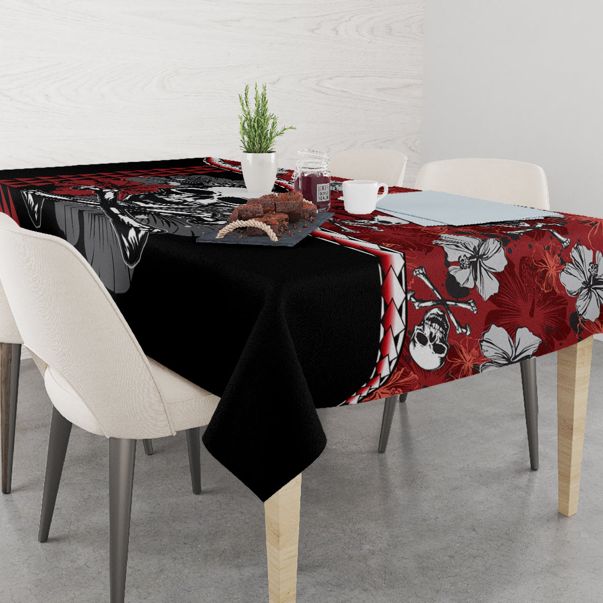 Red and black hibiscus skull Halloween tablecloth with hibiscus flowers and skull art