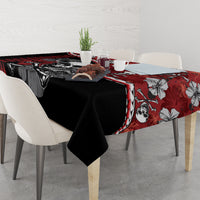 Red and black hibiscus skull Halloween tablecloth with hibiscus flowers and skull art