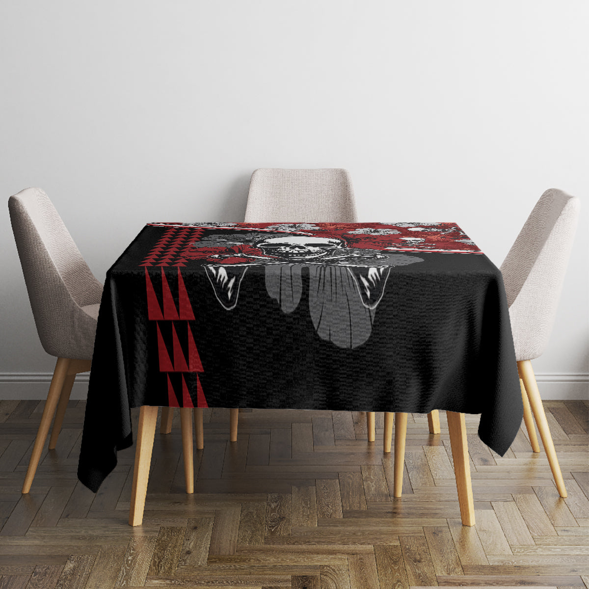 Square red and black hibiscus skull Halloween tablecloth on dining table with chairs