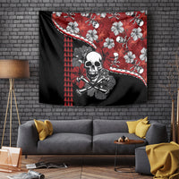 Halloween skull and hibiscus tapestry in red and black with braided ribbon design