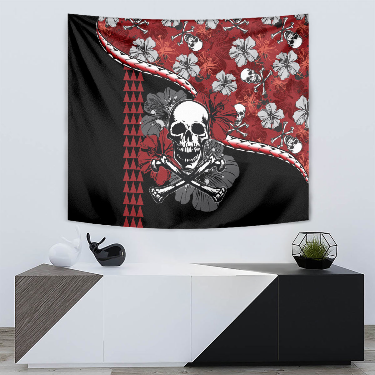 Halloween skull and hibiscus wall tapestry, red top with black bottom and ribbon