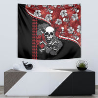 Halloween skull and hibiscus wall tapestry, red top with black bottom and ribbon
