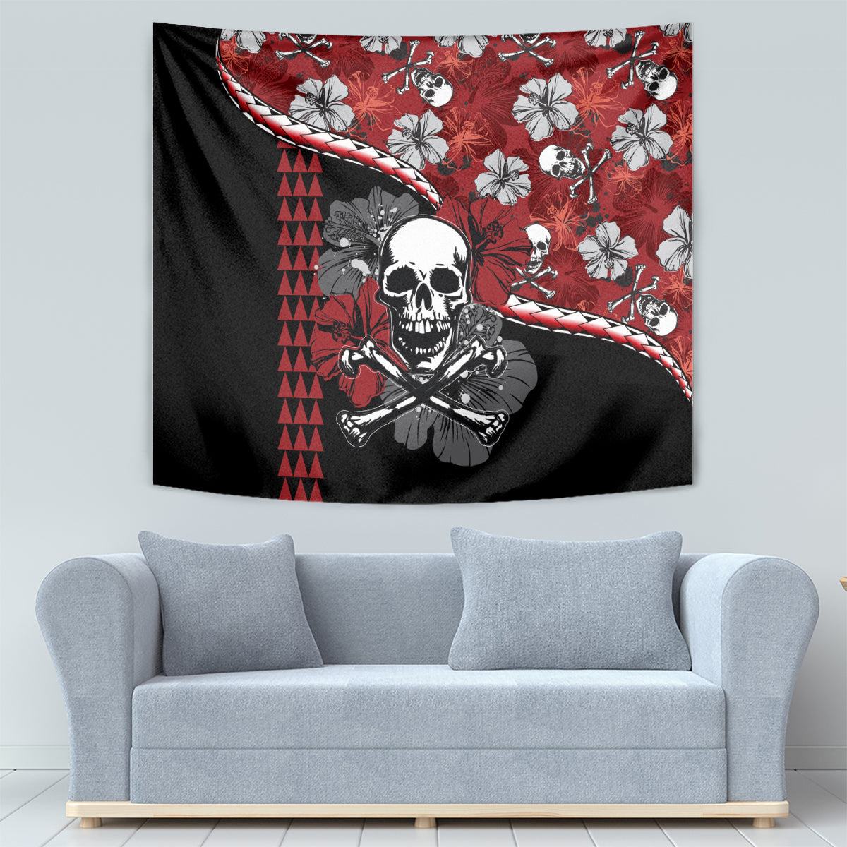 Red and black Halloween hibiscus skull wall tapestry with crossed bones and flowers