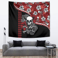Red hibiscus Halloween skull tapestry with black accents, white flowers, and ribbon