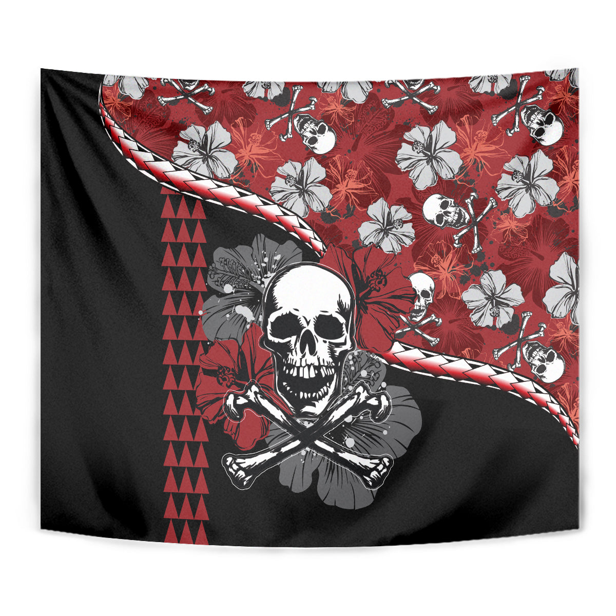 Close-up Halloween hibiscus skull tapestry in red and black with white flower print