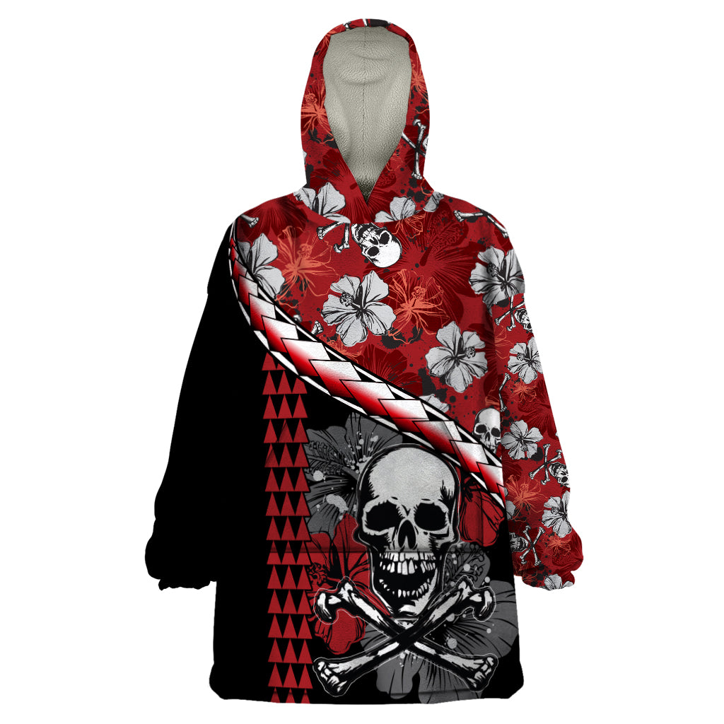 Hawaii Halloween Wearable Blanket Hoodie Hibiscus Skull Kakau Pattern - Wonder Print Shop