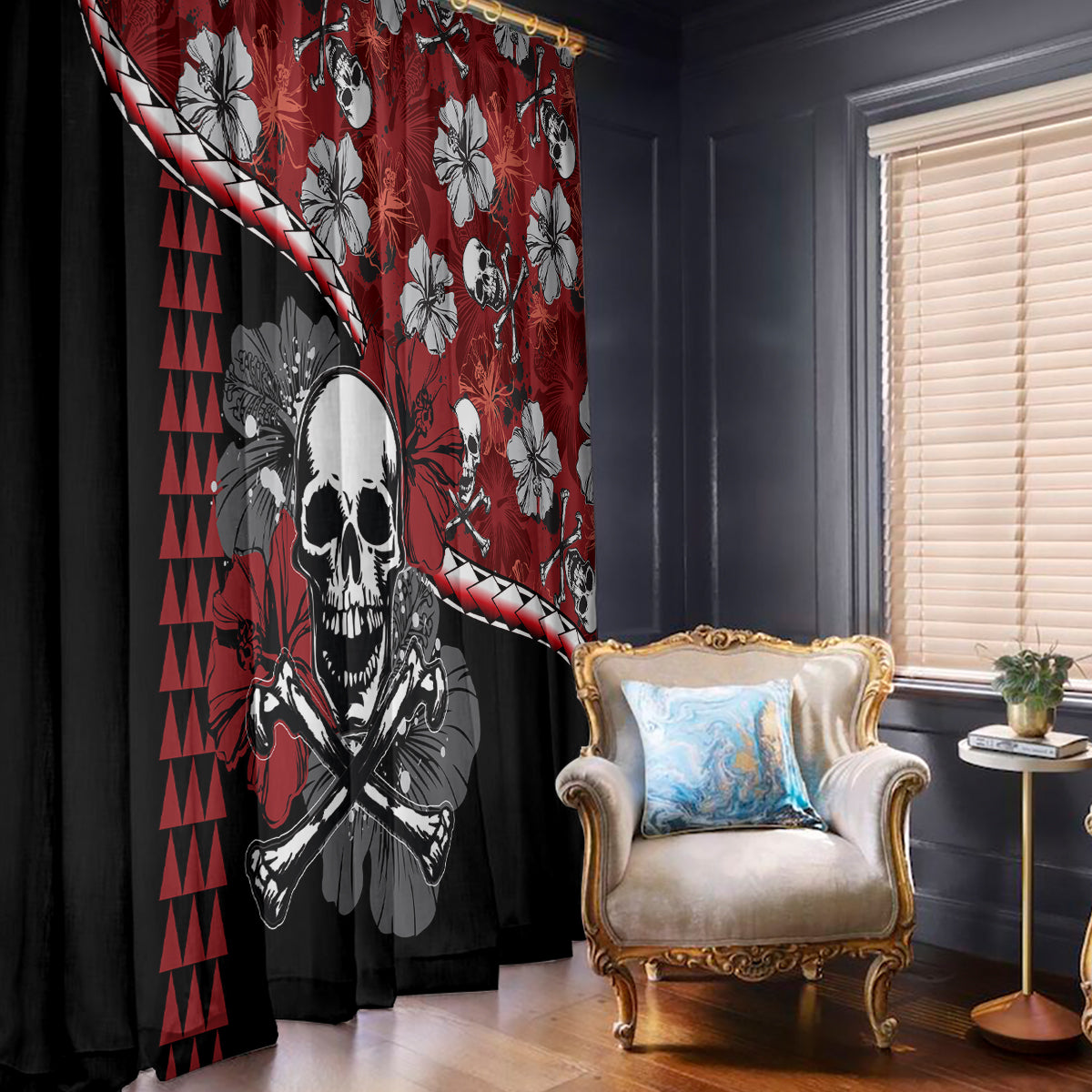 Halloween window curtain in red and black with hibiscus and skull graphic pattern