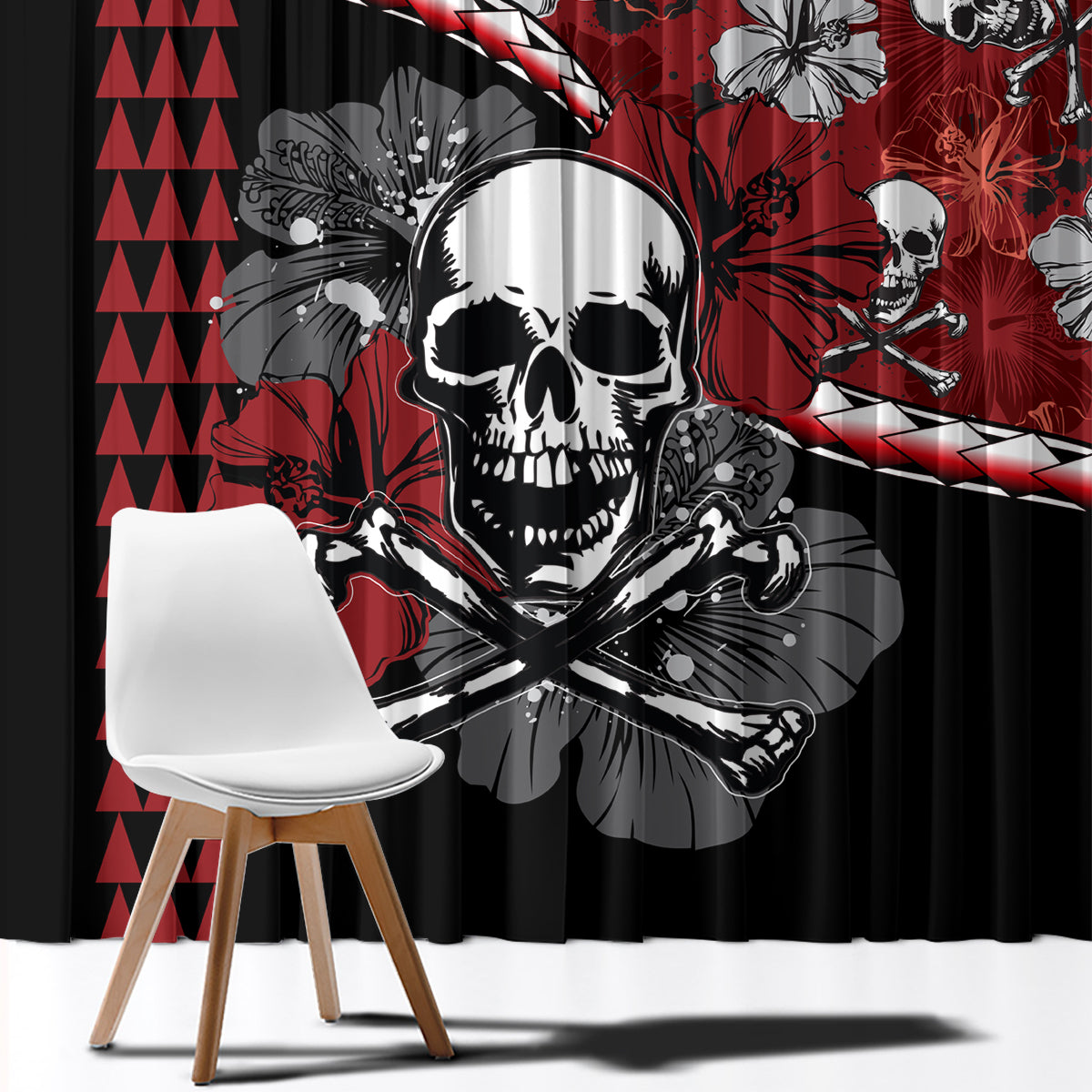 Halloween curtain close-up: large skull graphic on red-and-black hibiscus design